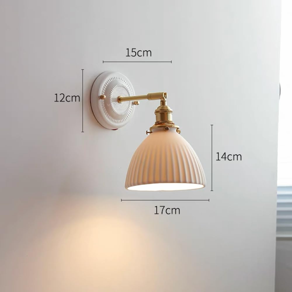 Applique da Parete in Ottone Vintage Industriale con Paralume in Ceramica a Righe, Base in Ceramica con Motivo Dipinto, apparecchio di Illuminazione per la casa Girevole a 350° e Pieghevole a 180