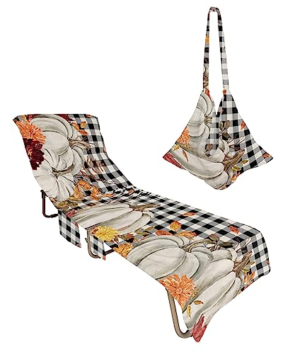 Pumpkin Plaid Beach Chair Towel Covers for Chaise Lounge with Side Pocket, Soft Plush Pool Towels Cover for Patio Sunbathing Outdoor 29''x85'' Farmhouse Buffalo Check Maple Leaves