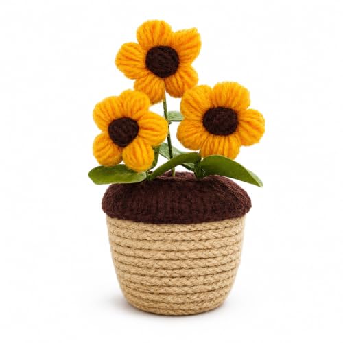 Image of Akaar Decor's Handcrafted Yellow Crochet Flower with Pot | Artificial Flowers for Home | Birthday | Anniversary | Housewarming Gifts | 100% Handmade Yarn Flower Decor