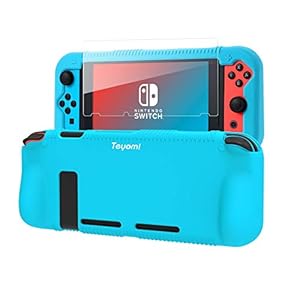 Teyomi Protective Silicone Case for Nintendo Switch, Grip Cover with Tempered Glass Screen Protector, 2 Storage Slots for Game Cards, Shock-Absorption & Anti-Scratch (Blue)