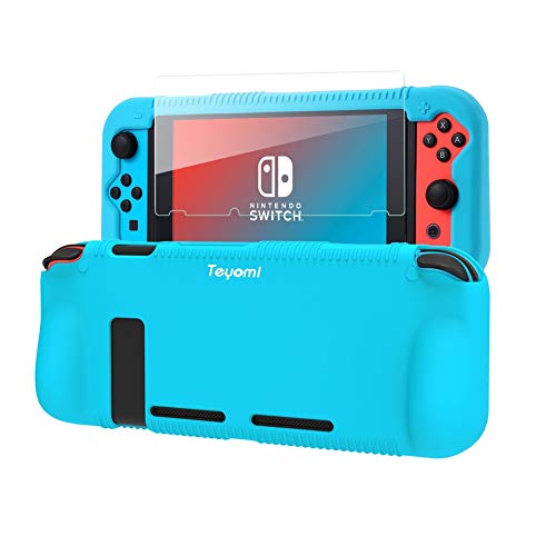 Teyomi Protective Silicone Case for Nintendo Switch, Grip Cover with Tempered Glass Screen Protector, 2 Storage Slots for Game Cards, Shock-Absorption & Anti-Scratch (Blue)