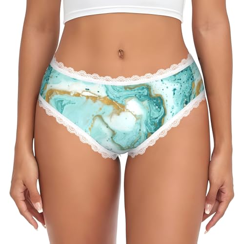LMNvbz Bragas de encaje para mujer, con estampado de mármol verde azulado y dorado, suaves, transpirables, cobertura completa, elásticos, para un uso diario cómodo, blanco, M