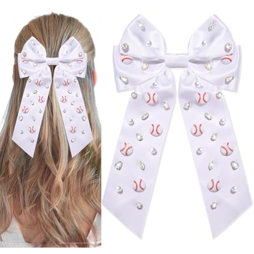Baseball Bows Accessories for Women Softball Hair Bows Jeweled Rhinestone Hair Bow Clips Large Baseball Hair Ribbons Sports Game Day Mom Accessories Outfits Gifts (White 1)