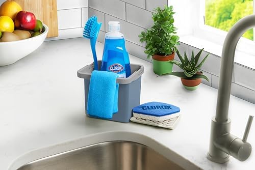 Organizador de fregadero de cocina Clorox KeptClean: ahorra espacio y organiza el jabón de platos, cepillos y paños de cocina. Estante plegable para esponjas y joyas. Bandeja de drenaje. Azul acero.