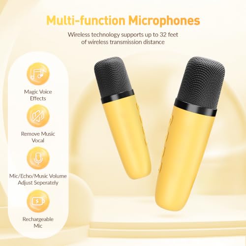 Image of Mini Karaoke Machine for Kids Adults：Portable Bluetooth Karaoke Speaker with 2 Wireless Microphones and Lights for Home Party, Christmas Birthday Gifts for 4-12+ Years Old Girls Boys(Yellow)