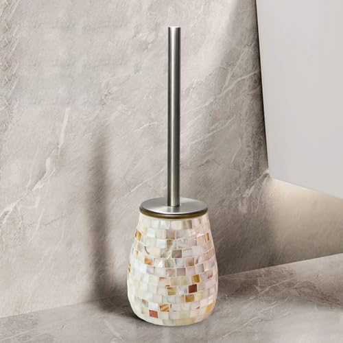 Image of WDHODEC Natural Shell Toilet Brush and Holder Set Mosaic Glass, Stainless Steel Toilet Scrubber Brush, Decorative Toilet Bowl Brush and Holder, Luxury Bathroom Accessories
