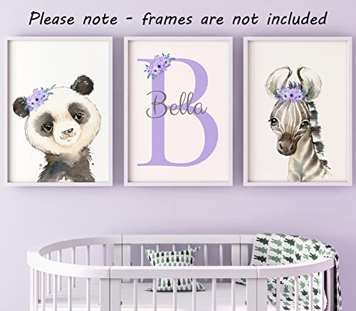 Personalized Safari Animals For Baby Girls Nursery, Set Of 3 Unframed Poster Prints, Personalized Name Pink Lilac Floral, Girls Bedroom Decor, Elephant Giraffe (8X10) #TOP2