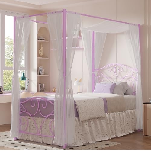 Image of VECELO Metal Canopy Bed Frame Twin Size, 4 Posters Platform Mattress Foundation with Headboard, Heavy Duty Steel Slats Support, No Box Spring Needed, Purple