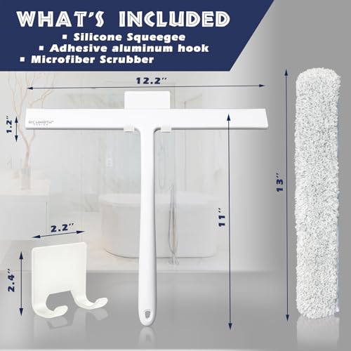 Image of 12 Inch Silicone Shower Squeegee for Glass Doors with Microfiber Cloth & Hook, Streak-Free Window Cleaner for Bathroom Mirror Tile Car, No-Scratch Squeegee with Rustproof Metal Core (White)