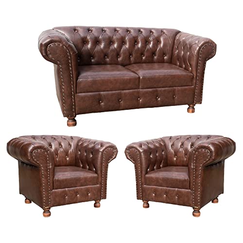 Conjunto Chesterfield Namoradeira + Poltronas Luiz XV Courino Marrom