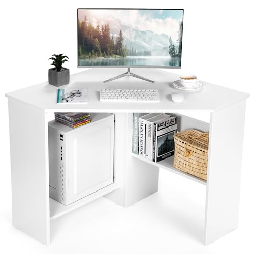 LDAILY Moccha Corner Desk, Space-Saving Computer Desk for Small Spaces,