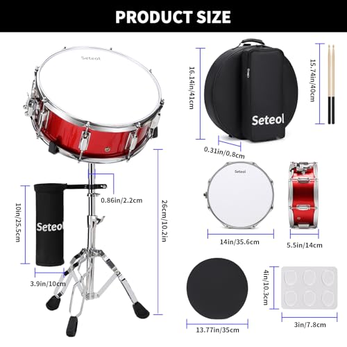 Seteol Snare Drum Set, 14\" x 5.5\" Marching Snare Drum with Stand & Storage Padded Bag + Silent Mute Pad + Drums Sticks + Drumstick Holder + Drums Key + Damper Gels for All Ages (Red)
