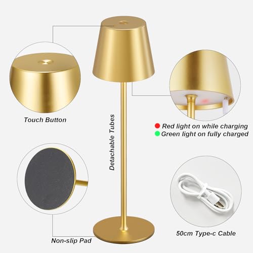Image of Cordless Table Lamp Rechargeable Gold - KK 2 Pack 5000mAH Battery Operated Lamp for Dining Table, 3 Color Stepless Dimming Wireless Lamp for Counter, Outdoor Patio, Touch Control, Water Repellent
