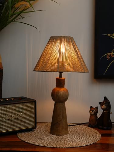 Image of Green Girgit Wooden Skirt Brown Table Lamp with Taper Dori Shade, Bedside Night Lamp with Printed Shade, Modern LED Ambient Lighting, E27 Bulb Compatible, Corded Electric, 6.5X9X18 inches