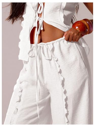 GORGLITTER Women's Wide Leg Pants Low Rise Linen Palazzo Pants Trousers Bottoms4