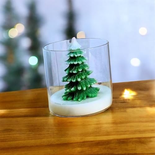 Image of Christmas Tree Jar Candle, Glass Container, Decorative Green Pine Tree Design, Festive Home Decor, Winter Holiday Themed Candle