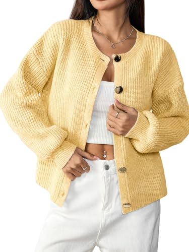 ATOFY Women's Cardigan Sweaters Fall Button Chunky Knit Cropped Sweater Long Sleeve Loose Fit Soft Winter Outwear 2025 Yellow