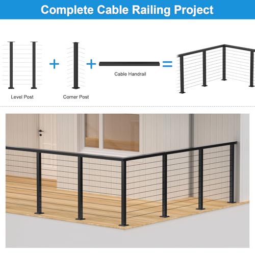 Image of 36 inch Cable Railing Corner Post, Stainless Steel Flat Top Corner Post with Cable Grommets, 2 inchx2 inch 90 T-Drilled Metal Corner Post for Deck, Black Deck Cable Railing System, RG33
