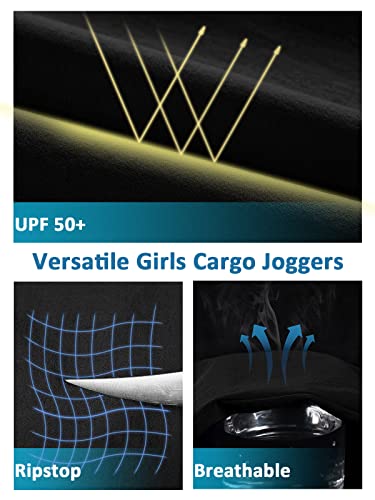 Exarus Girls Cargo Pants Zip Pockets Kids Hiking Quick Dry Athletic Drawstring High Waisted Youth Joggers Outdoor Casual Black 10Y #TOP2