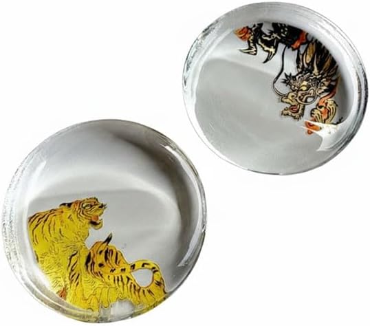Japanese Glass Chopstick Rest Set (4 Pieces) – Traditional Art Design Table Decor, Round Glass Chopstick Holders or Mini Decorative Ornaments, Made in Japan, Dragon & Tiger Motifs