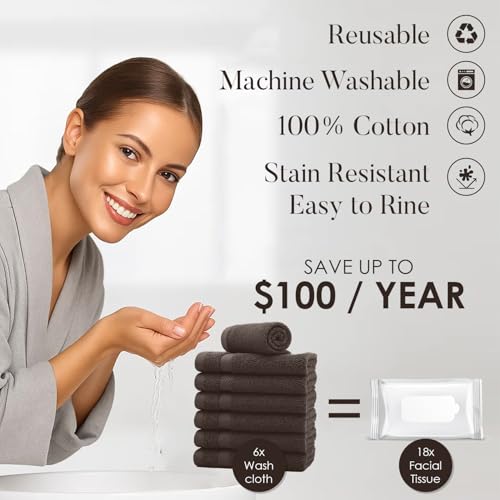 Image of DAN RIVER 12-Pack Premium 100% Cotton Brown Face Towels for Bathroom - Reusable Face Wash Cloths for Showering 12x12 Inches - 550 GSM Super Soft & Absorbent Luxury WashCloths for Body, Spa & Gym