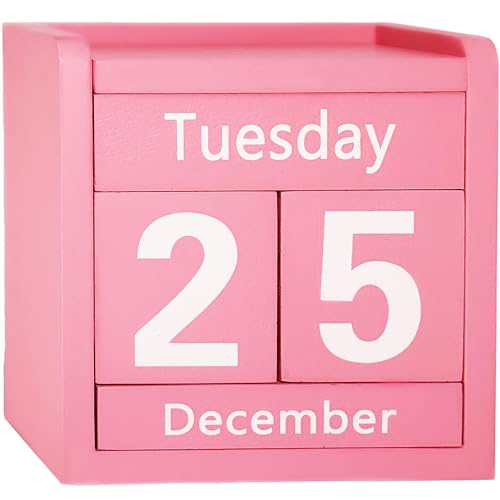 Pink Desk Calendar Wooden Block Perpetual Calendar Cute Pink Room Office Desktop Accessories for Women Bedroom Valentines Day Mothers Day Girls Birthday Party Gift