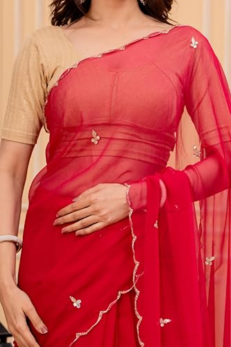 Image of Women's Red Embroidered Saree with Golden Blouse | Traditional Embroidery Work Saree for Women | Wedding Festive Saree and Wear Ethnic Outfit