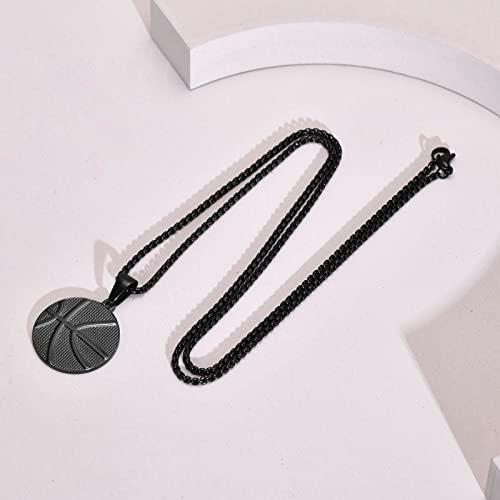 Mealguet Basketball Pendant Sports Necklace - Stainless Steel Hip Hop Jewelry Basketball Fans Gift For Mens For Birthday Christmas Fathers Day Black 24" Rolo Chain #TOP1