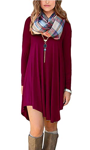 DEARCASE Women's Irregular Hem Long Sleeve Casual T Shirt Flowy Shift Dress Wine Red Large