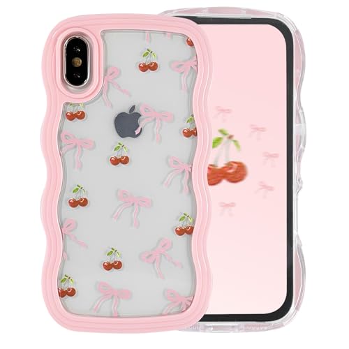 Draamvol for iPhone X, iPhone XS Case Cute Curly Wave Frame Clear Phone Case Shockproof Pink Hard PC Bumper Soft Anti-Yellowing TPU Silicone Cover for Women Girls, Bow Cherry