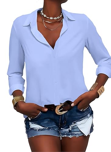 Zitiki Damen Bluse Elegant V-Ausschnitt Hemd Button-Down Shirt Langarm...