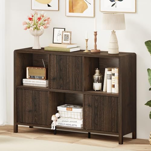 FATORRI 6 Cube Bookshelf with Storage Bench, Dark Walnut