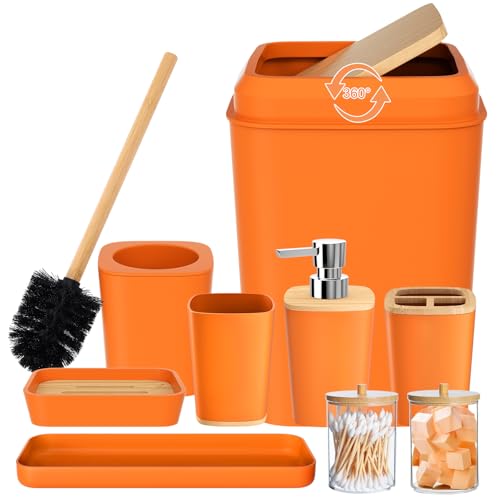 Badezimmer-Zubehör-Set, 9-teilig, mit Mülleimer, Zahnbürstenhalter, Zahnbürstenbecher, Lotion-Seifenspender, Waschtischablage, Seifenschale, WC-Bürste, Qtip-Halter, Orange