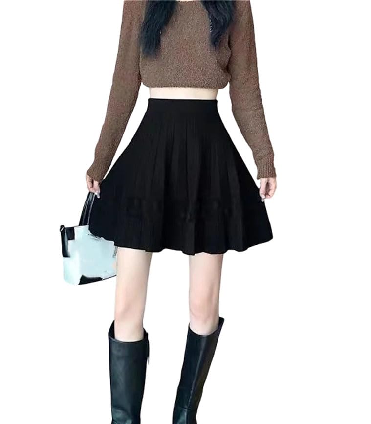Women Gentle Style Solid Color Knitted Skirt Korean Sweet Short High Waist Pleated Skirt Preppy Style