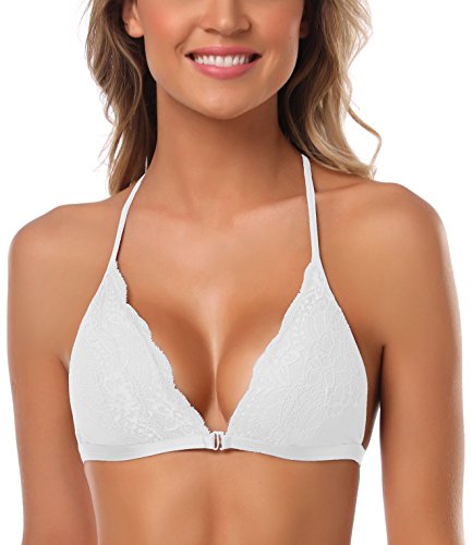 SHEKINI Women's Embroidered Triangle Bra Front Closure Plunge Wireless Lightly Lined Lace Bralette Top (White- A,Medium)