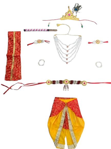 Image of Krishna Dress for Baby Boy Kids Janmashtami Costume | Dhoti & Patka Included, Mukut & Morpankh, Bansuri & Kamarband, Bajuband & Kundal, 8-Piece Set
