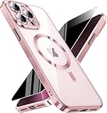 Magnetic for iPhone 13 Pro Max Case with Privacy Screen Protector & Full Camera Cover,[Non-Yellowing] Plating Glossy Soft Shockproof Clear Phone Case with MagSafe Women Girls for 13 ProMax,Pink