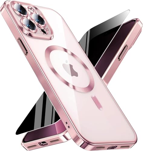 Image of Magnetic for iPhone 13 Pro Max Case with Privacy Screen Protector & Full Camera Cover,[Non-Yellowing] Plating Glossy Soft Shockproof Clear Phone Case with MagSafe Women Girls for 13 ProMax,Pink