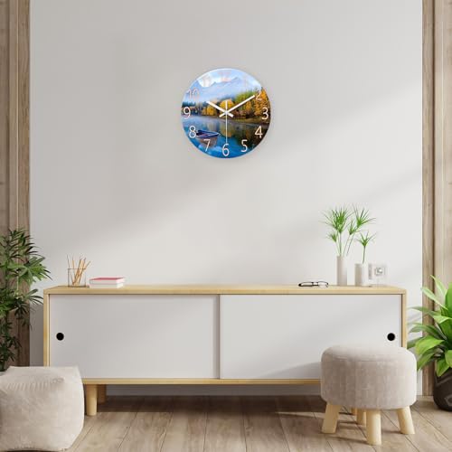 Image of XFM Natural Landscape Wall Clock 12 Inch Lake Boat | Silent Non-Ticking Battery Operated Modern Glass Nature Decorative for Living Room Kitchen Bedroom Office