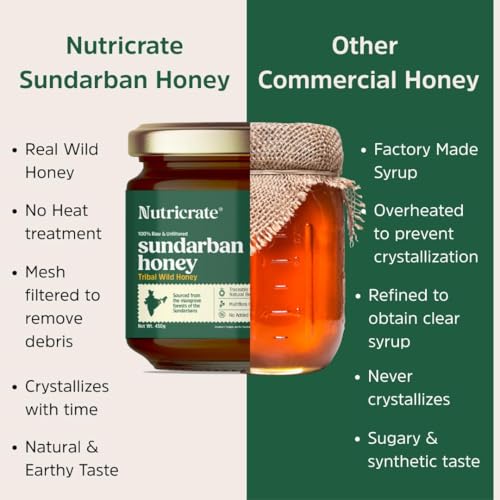 Image of Nutricrate Sundarban Raw Honey- 450 Grams | 100% Pure Organic Honey from Sundarbans | Unprocessed Unfiltered No Added Sugar | Rich Taste Daily Wellness Superfood Nutrients FSSAI Certified