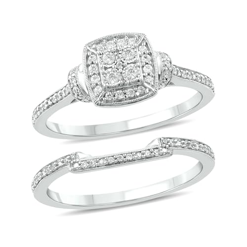 1/4cttw Diamond Square Cluster Halo Engagement Ring with Matching Diamond Wedding Band for Women in 925 Sterling Silver, Women's Silver Wedding Ring Set with Diamond Accented Bands