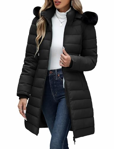 Image of Yusongirl Winter Puffer Coat for Women Thickened Fleece Lined Warm Jackets with Detachable Hooded Waterproof Parka Coats(Black,M)