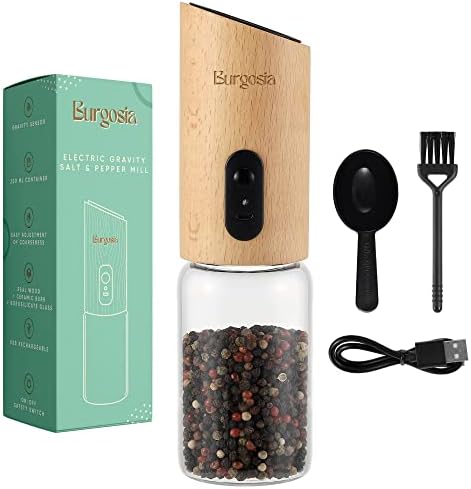 Burgosia Wooden Gravity Pepper and Salt Grinder, Electric Refillable Mill, USB Rechargeable, Adjustable Coarseness, One Hand Automatic Operation, Real Wood,1 pack (Natural Beech)