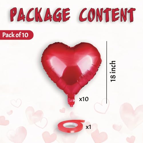 AMFIN (Pack Of 10) 18 Inch Red Heart Shaped Balloons/Heart Shape Balloons For Decoration / Red Heart Foil Balloons / Valentine Balloons Decoration/Valentine Day Balloons -Red