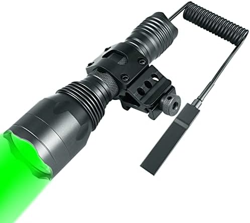 Feerien Green Light Tactical Flashlight, 350 Yards Hunting Flashlight with Universal Picatinny Rail Mount, Remote Pressure Switch for Night Hunting, Runs 5 Hours Grey