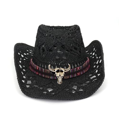 whalefon Cowboyhut aus Stroh, mit Bullband, Western-Stil, klassischer Cowboy-Strohhut für Damen/Herren, Schwarz Cover