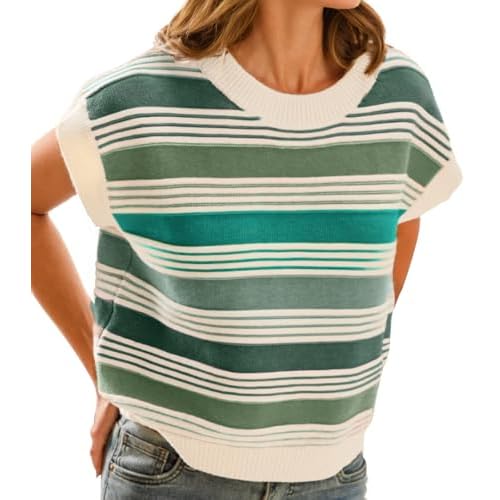 FireSwan Womens Cap Sleeve Sweater Vest Striped Color Block Loose Tank Tops Trendy Vacation Outfits Cute Summer Fall Top XX-Large A-green