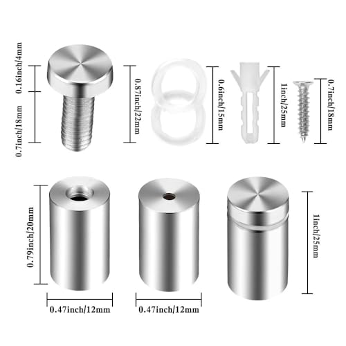 12 Stück Abstandshalter Edelstahl Werbung Schraube für Glas, Schilderhalter, Wandabstandshalter, Werbeschraube Nagel - Silber, 12x25mm