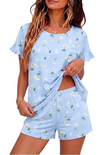 Image of Ekouaer Womens 100% Cotton Pajamas Set Ruffle Sleeves Top and Short Soft Sleepwear 2 Piece Lounge Set with Pockets