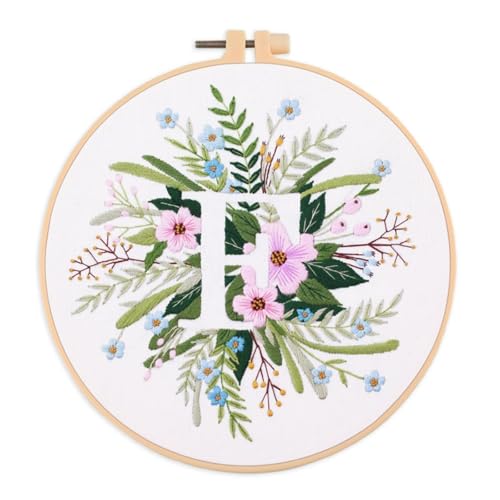 IUHUI Embroidery Kit for Beginners Adults - 26 Floral Letters Easy Patterns, DIY Hand Stitching Embroidery Set with Hoop (Flower and Grass Letter F)